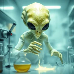lemon alien, in a lab doing alien experiments, fantasy, highly detailed, white lab, modern alien lab mist