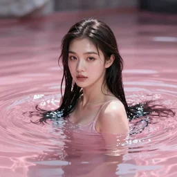 lee jin - eun emerging from pink water in cyberpunk theme, by ruan jia, rule of thirds, seductive look, beautiful
