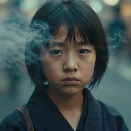 realistic photography of a japanese yakuza woman 3 5 years old, short hair, few wrinkles around eyes, cinematographic, street photography in tokyo, cinematic light, close up view, grainy image, intense, smoke and fog around, filth and grim, 5 0 mm lens