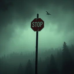 grunge painting of a street stop sign. in the distance, there is a forest. by bob ross, albert bierstadt, grim, gothic, ominous, haunting, foggy background, immaculate scale, hyper - realistic, trending on artstation, 8 k, detailed, atmospheric, immaculate