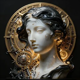 chinese abstract sculpture of beautiful female face silhouette and black swirling liquifying acrylic portrait, volumetric light, highly detailed, mechanical superstructure, sacred geometry, glowing edges, sad, hurt, beautiful light, statue of carving marble, intricate 8 k render, dark mood, cinematic light, golden spirals, clockwork, art by camille corot, andy warhol, zeng fanzhi