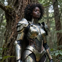 hyperrealistic neo-maximalist super expressive! black woman with exoskeleton armor, merging with tree in a forest, highly detailed digital art masterpiece smooth cam de leon hannah yata dramatic pearlescent blue teal light ground angle hd 8k sharp focus