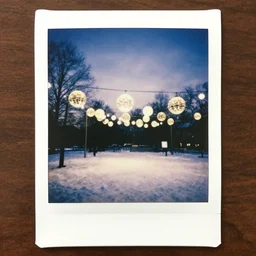rural winter park with globe-shaped lights hanging from the fake sky, Polaroid photograph