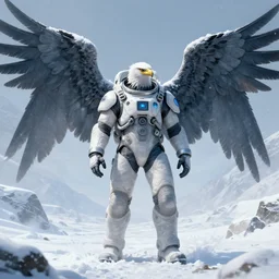 a male human eagle hybrid in  a spacesuit, winged human, winter, snow and ice, by Artgerm, sci-fi concept art