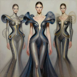 an intricate realistic oil painting of a beautiful fashion model wearing avant garde high fashion, clothing by alexander mcqueen, clothing by iris van herpen, by tom bagshaw, by karol bak