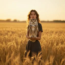 an owl woman, fields of gold, golden hour, by Dino Valls