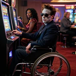 movie poster for weekend at bernie's 3, robert downey jr in a wheelchair with dark sunglasses, robert downey jr. in a wheelchair playing slot machine, pallid grey facial flesh, cinematic lighting, rigor mortis inanimate corpse in a wheelchair, movie poster for robert downey starring in weekend at bernie's, bernie goes to casino with whoopi goldberg, and steve martin