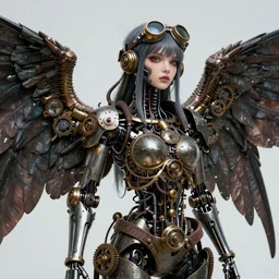 Steampunk cyborg skeleton girl with mechanical stained dark wings. clockwork. gears, pipes. goggles. rivets. octane render. highly detailded