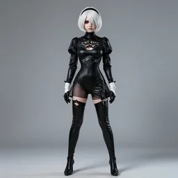 a fullbody portrait of slender a 2 from nier automata, short white hair : : in a black extra tight shiny latex suit, long sleeves, turtleneck : : cosplay, photgraphy, studio photography, real lighting, realistic, hd : :