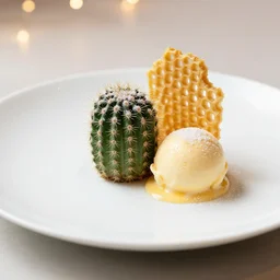 a fine dining dessert plate of spiky cactus and ice cream, sugar sprinkled, honeycomb lattice, food photography, michelin star, fine dining, bokeh