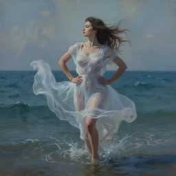 painting of a beautiful woman with her translucent dress blowing in the wind while she dances in the ocean, wide hips, highly detailed, by nicolas delort, surreal, dramatic lighting
