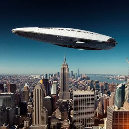 colony starship hovering over New York City in the style of Paul Chadeisson