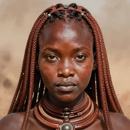 black african emma watson symmetrical himba portrait close - up, cornrows braids, dusty background, intricate, elegant, highly detailed, digital painting, artstation, concept art, sharp focus, illustration, art by aleksi briclot and greg rutkowski and alphonse mucha