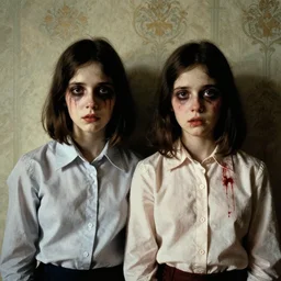 a baroque painting of two beautiful but creepy siblings wearing oxford shirts in layers of fear, with haunted eyes and dark hair, 1 9 7 0 s, wallpaper, a little blood, morning light showing injuries, painterly, offset printing technique, by brom, robert henri, walter popp, cinematic lighting, various refining methods, micro macro autofocus, ultra definition, award winning photo
