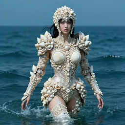 fantasy woman wearing an armor covered with seashells emerging from the sea, by Artgerm and Yoshii Chie, medium shot -9