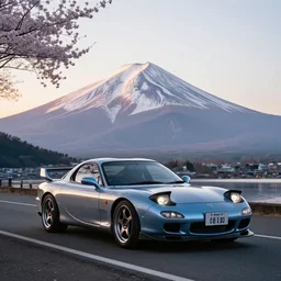 a jdm mazda rx 7 driving by mount fuji early in the morning with a few blossom trees around, high quality photo