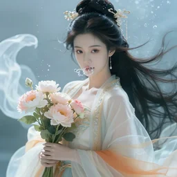 closeup portrait of a beautiful mysterious chinese empress wearing flowing gown, holding a bouquet of flowers, flowing hair, underwater, bubbles from the mouth, fantasy, regal, intricate, art nouveau, swirly intricate linework background by stanley artgerm lau, greg rutkowski, thomas kinkade, alphonse mucha, loish, norman rockwell