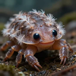 a portrait shot of a beautiful tardigrade!!! smiling!!! covered in feathers, front shot. lots of big cute eyes!!! tilt shift derogotype photography, extreme dof