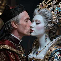 a high-resolution color-chrome extreme closeup portrait photo of a medieval priest, kissing a incredible elegant pale renaissance rococo Queen, with ornate jewelled, rococo Queen, sci-fi, high-tech, beautiful low light, style Steve McCurry Octane render 8k