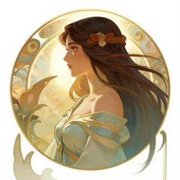side profile centered painted portrait, Maya Ali as a wind sorcerer, D&D, cell-shaded, matte painting concept art, bright backlit, official fanart, 4k, Pinterest, by Alphonse Mucha - H 704