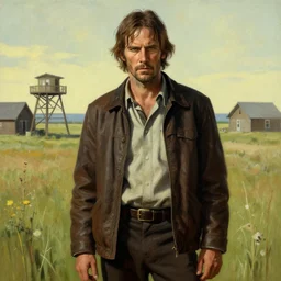 Anton Chigurh from the movie No Country for Old Men painted by Norman Rockwell