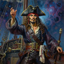 oil painting with heavy impasto of pirate captain on the quarter - deck of his ship, cosmic horror painting, elegant intricate artstation concept art by craig mullins detailed