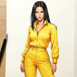 drawing of a beautiful uma thurman in kill bill, wearing a yellow jumpsuit with a black stripe, swinging katana, beautiful confident and piercing eyes, beautiful blonde hair, hyper realistic face, in the style of greg rutkowski, fantasy, amazing detail, epic, elegant, smooth, sharp focus, from the front