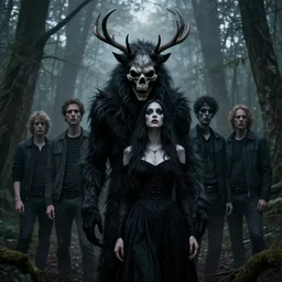 style artgerm, joshua middleton, steve niles, diego fazio, marc simonetti : : scary wendigo with antlers and skull face mixed with werewolf : : [ beautiful witch wearing a black dress, symmetrical face, on the right side ] : : in the forest, detailed, dark and foggy, cinematic lighting