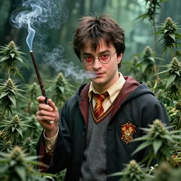 movie still of harry potter with red eyes in a jungle of weed plants, holding a joint as his wand, his wand he is holding is a joint, smoke coming out of it, and smoking weed and surrounded by green dense weed kush plants, smoke in front, smoke behind, smoke background, red bloodshot eyes, smoking weed, hyper detailed, cinematic lighting, studio quality, smooth render, film movie 4 k 8 k