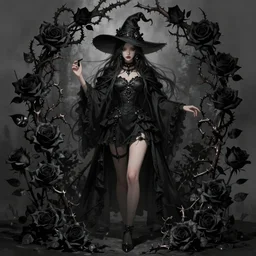 fantasy female dark witch surrounded by black roses and thorns, full portrait, wide angle view, highly detailed, qichao wang, artgerm, cushart krenz, zeronis, trending on artstation, soft light, sharp edges, illustration, character design, concept art