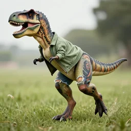 tattooed t - rex halston sage wearing a jacket and ripped shorts running and dancing in a field, character sheet, character design, contrast, deep focus, turnaround, highly detailed, dramatic lighting, digital painting, artstation, concept art, matte, sharp focus, illustration, elegant, art by artgerm and greg rutkowski and alphonse mucha.