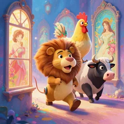 a vibrant emotional digital 3 d cg of anthropomorphic cyborg rodent!!! lion chicken cow traveling through windows of time, studio ghibli, pixar and disney animation, sharp, disney concept art maximalist splatter paint illustration by shinji kimura and alphonse mucha and alena aenami, pastel color palette, bloom!!, dramatic lighting