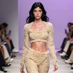 olivia wearing an outfit made from raw rice, catwalking at new york fashion week, fairly sporty physique, black hair, freckles, pale skin, photo by greg rutkowski, stage lighting, soft colors, female beauty, intricate detail, elegance, 3 5 mm, depth of field, masterpiece