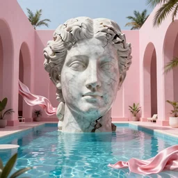 David Ligare masterpiece, hyperrealistic surrealism, award winning masterpiece with incredible details, epic stunning, infinity pool, a surreal vaporwave liminal space, highly detailed, trending on ArtStation, broken giant marble head statue ruins, calming, meditative, pink arches, flowing silk sheets, geometric liminal space, palm trees, very vaporwave, very very surreal, sharp details, artgerm and greg rutkowski and alphonse mucha, daily deviation, IAMAG
