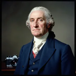 portrait of george washington as united states president, blue suit and a red tie looking intensely at the camera, taken by steve mccurry, kodachrome 6 4 color slide film, with a nikon fm 2 camera and nikkor 1 0 5 mm ai - s f 2. 5 lens