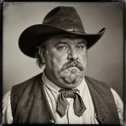 daguerreotype of a retired wild west gunslinger, obese, cowboy hat, three day growth, balding, alcoholic, bulbous nose, bloodshot eyes, handlebar moustache