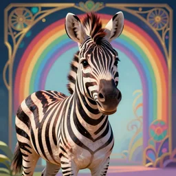 portrait friendly cute happy stylish realistic rainbow zebra. background in the style of art nouveau. lively. colorful. hd.