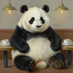 an obese panda at a cafe, oil painting, highly detailed, by fernando botero