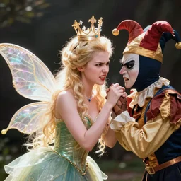 a beautiful fairy princess is angry at a jester