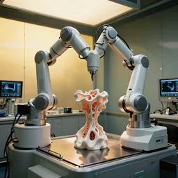a complex bifurcated robotic cnc surgical arm cybernetic symbiosis hybrid mri 3 d printer machine making organic ceramic fractal forms by giger and beeple in the glass room laboratory with control panels, golden hour lighting, film still from the movie directed by denis villeneuve with art direction by wayne barlowe and salvador dali, wide lens, f 3 2,