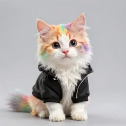 cute fluffy rainbow kitten is sitting sweetly while wearing a black jacket, simple background, digital art,