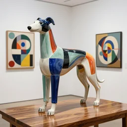 beautiful gallery show studio photograph of a giant realistic geometric ceramic sculpture of a greyhound!!!!, heavily glazed by bridget riley and victor vasarely, placed on a polished wooden table, colorful hyperrealism 8 k trending on artstation