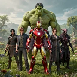 portrait of marvels ( ( ( ( ( ( ( ( ( ( ironman ) ) ) ) ) ) ) ) ) ) hulk by hr giger, greg rutkowski, luis royo and wayne barlowe as a diablo, resident evil, dark souls, bloodborne monster, elden ring creature : : in a garden, grassy field, large field in the background