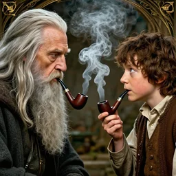 close up portrait of ian mckellen as gendalf age 4 0 and martin freeman as bilbo age 2 0, hobbit movie, sit face to face, smoke pipes and send fog donuts, cinematic, poster, deep focus, d & d, fantasy, intricate, elegant, highly detailed, digital painting, artstation, concept art, matte, sharp focus, illustration, hearthstone, art by artgerm and greg rutkowski and alphonse mucha
