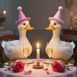 two ducks with funny hats on their heads having a romantic dinner with candles champagne petals roses, highly detailed, 8 k ultrahd hd resolution