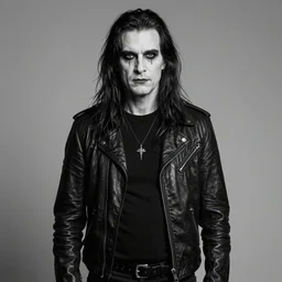 mr rogers as the lead singer of a norwegian black metal band, black metal, black and white photograph, high contrast, icp makeup
