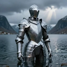 suit of armor made of liquid, rising up from lake, water armor, norway fjord, medium close up portrait, water armor, studio lighting, stormy seas, beautiful, bokeh, snowy, storm clouds, god rays, d & d, fantasy, elegant, low key color palette, concept art, roger deakins and greg rutkowski and alphonse mucha