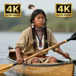 Closeup of a Native American teenager in her canoe, 17th century, high quality detailed colour photograph, 4k, award winning