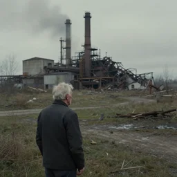 a sad solitary old man looks on as in the distance a factory he used to work in is destroyed, in the style of james gilleard