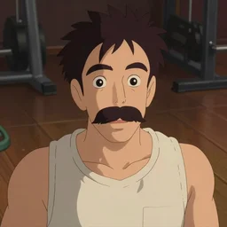 animation still frame of an athletic man with a mustache, high angle closeup portrait, blurry background of a gym room, disney, pixar, bloom, medium shot, dramatic lighting, in the style of studio ghibli, j. c. leyendecker, greg rutkowski, artgerm